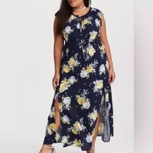 Torrid Navy Blue Floral Maxi Challis Tie-Front Rayon Dress Size 1X